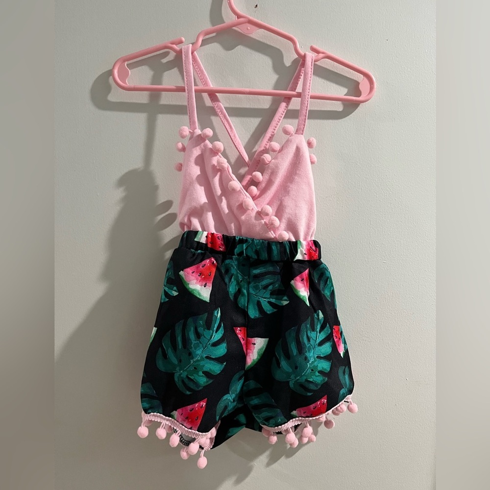 Baby romper, Pink Pom-Trim Girls' Tropical Leaf & Watermelon Shorts Romper